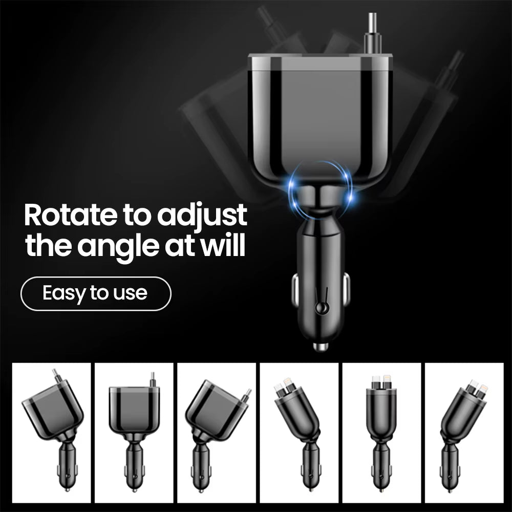 120W Car Charger Retractable 5 in 1 Fast Charging PD QC3.0 Car Charger Withtype C Fast Charging Cable Cigarette Lighter Adaper