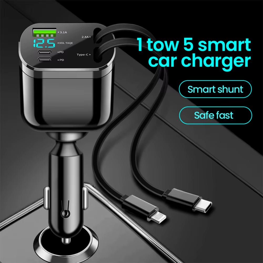 120W Car Charger Retractable 5 in 1 Fast Charging PD QC3.0 Car Charger Withtype C Fast Charging Cable Cigarette Lighter Adaper